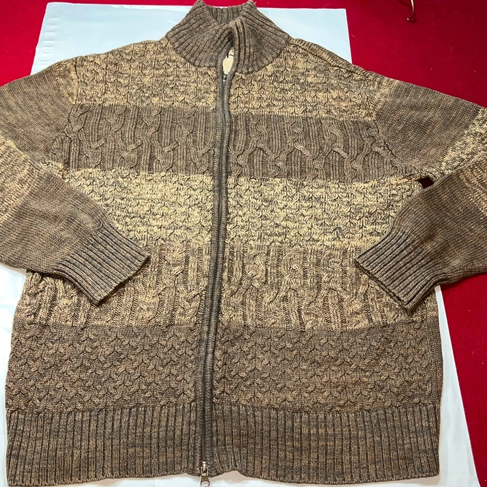 BKE zip up BROWN TAN BEIGE Cardigan mens Sweater Jacket mock neck acrylic cotton